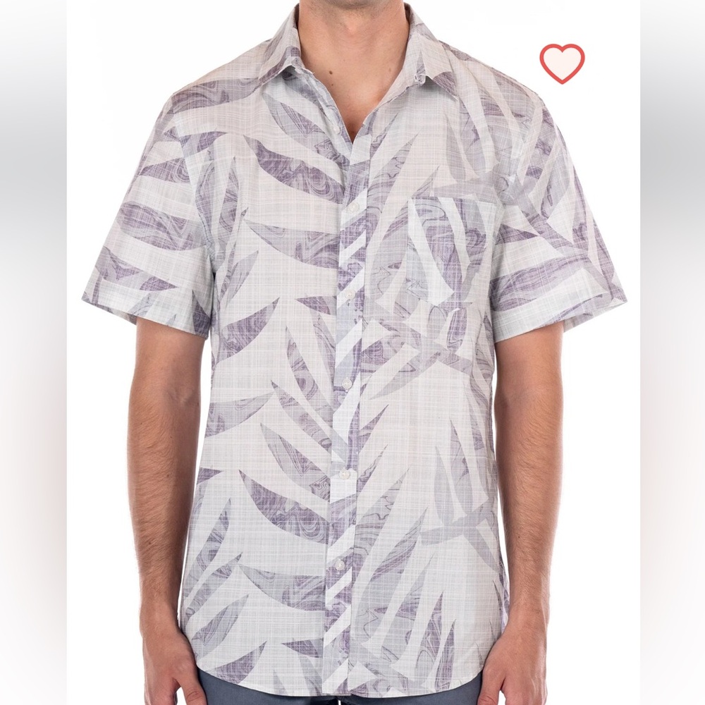 ORIGINAL PAPERBACKS AQUA GREEN WITH GREY LEAF PRINT SHORT SLEEVE BUTTON UP SHIRT